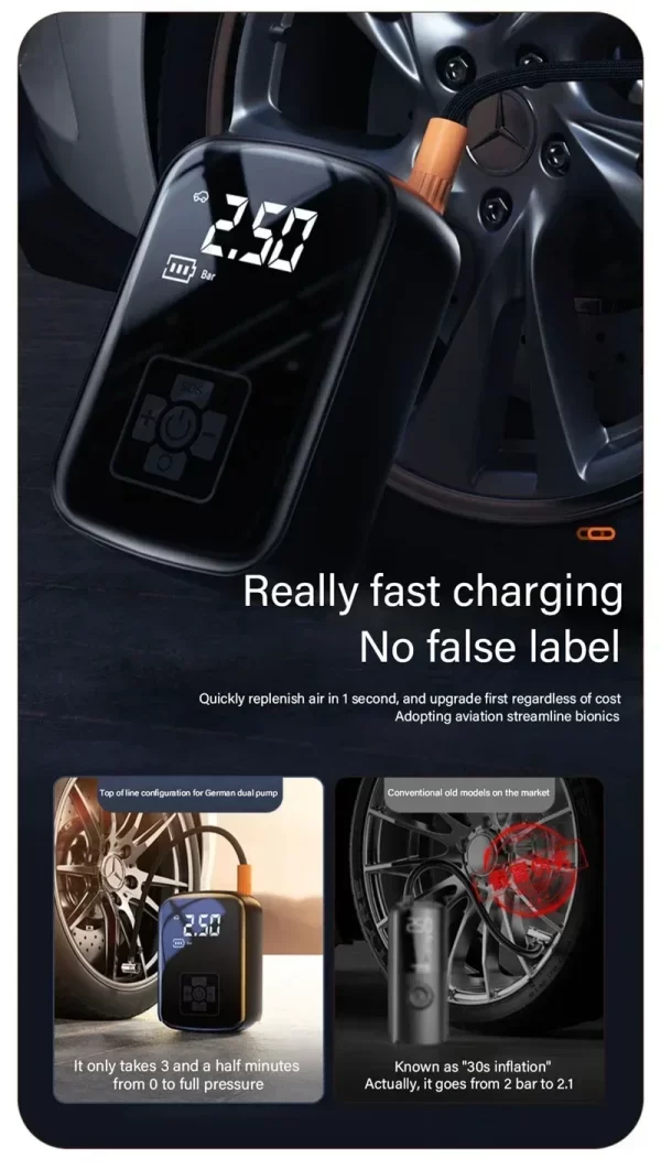 Bomba de Ar Portátil Digital 5 em 1 – Compressor Sem Fio para Carro, Moto, Bike, Bola e Emergências - Imagem 9