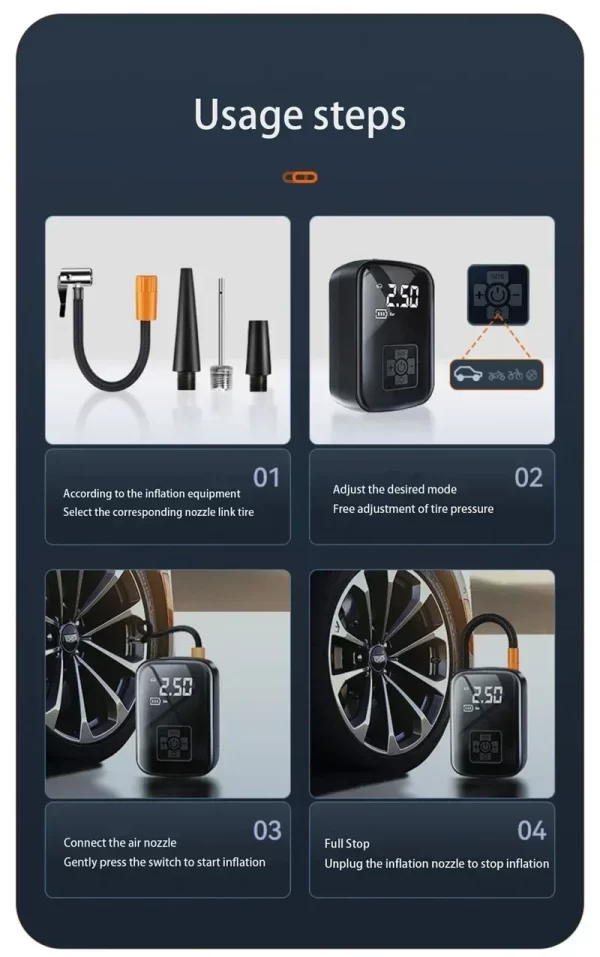 Bomba de Ar Portátil Digital 5 em 1 – Compressor Sem Fio para Carro, Moto, Bike, Bola e Emergências - Imagem 15