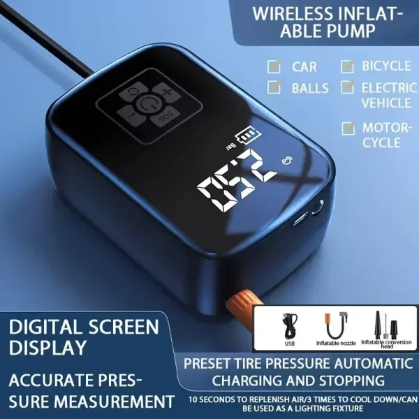 Bomba de Ar Portátil Digital 5 em 1 – Compressor Sem Fio para Carro, Moto, Bike, Bola e Emergências - Imagem 3