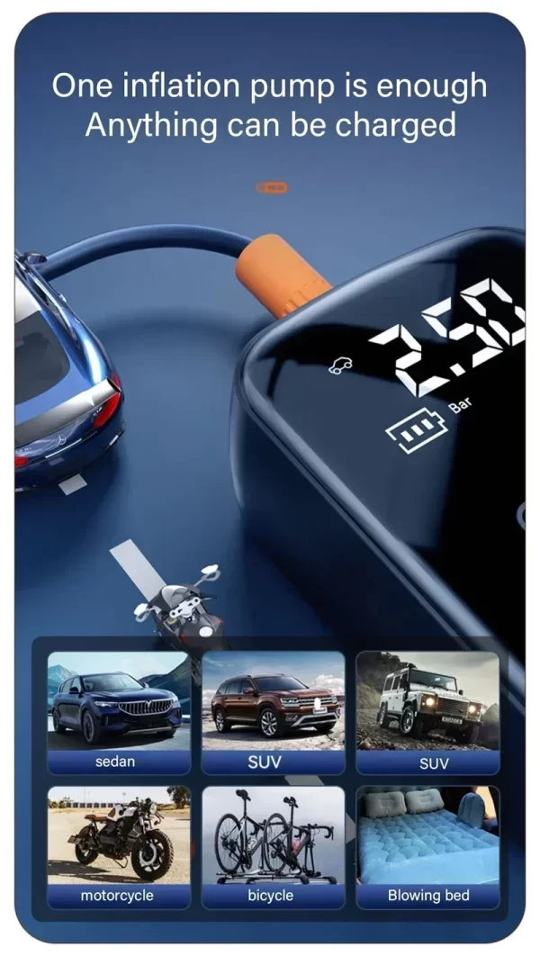 Bomba de Ar Portátil Digital 5 em 1 – Compressor Sem Fio para Carro, Moto, Bike, Bola e Emergências - Imagem 10