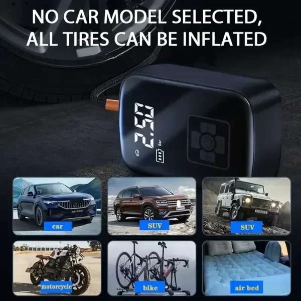 Bomba de Ar Portátil Digital 5 em 1 – Compressor Sem Fio para Carro, Moto, Bike, Bola e Emergências - Imagem 4