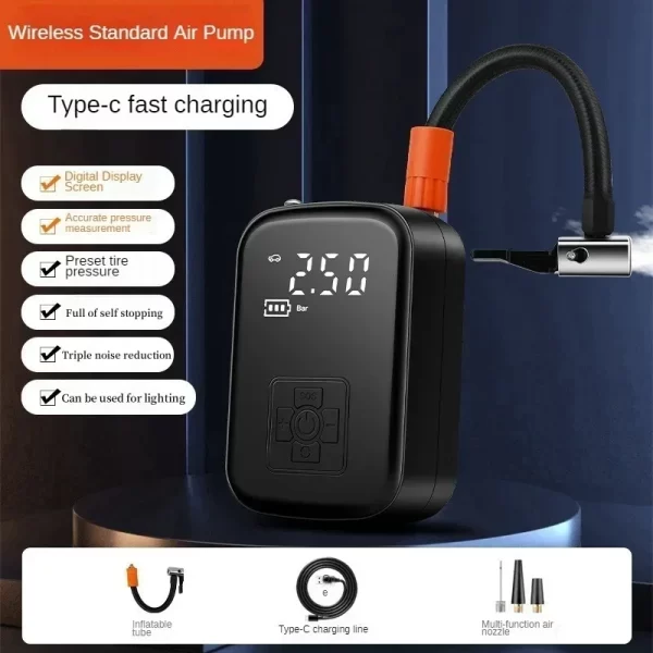 Bomba de Ar Portátil Digital 5 em 1 – Compressor Sem Fio para Carro, Moto, Bike, Bola e Emergências - Imagem 7