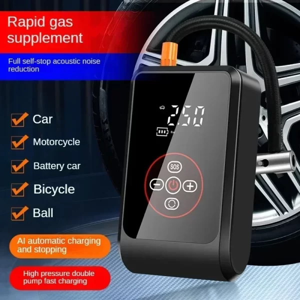 Bomba de Ar Portátil Digital 5 em 1 – Compressor Sem Fio para Carro, Moto, Bike, Bola e Emergências - Imagem 2